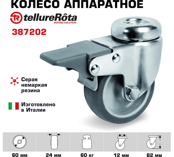 Колесо поворотное с тормозом (60 мм; 40 кг; серая резина/полипропилен) Tellure rota 387202