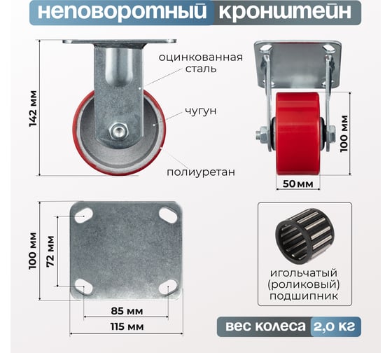 Колесо неповоротное (100 мм; грузоподъемность 200 кг; игольчатый подшипник; чугун; полиуретан) СТЕЛЛА-ТЕХНИК N29100CPUF