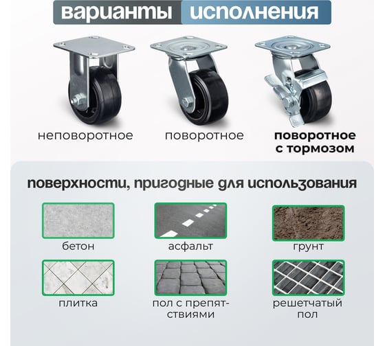 Колесо поворотное с боковым тормозом (100 мм; игольчатый подшипник; грузоподъемность 120 кг; чугун; резина) СТЕЛЛА-ТЕХНИК N29100B1