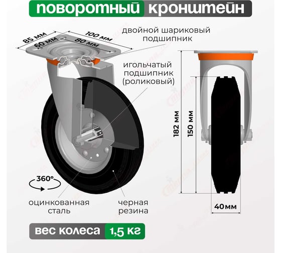 Колесо с вращающейся опорой и пластиной крепления (150 мм; 170 кг) Tellure rota 535111