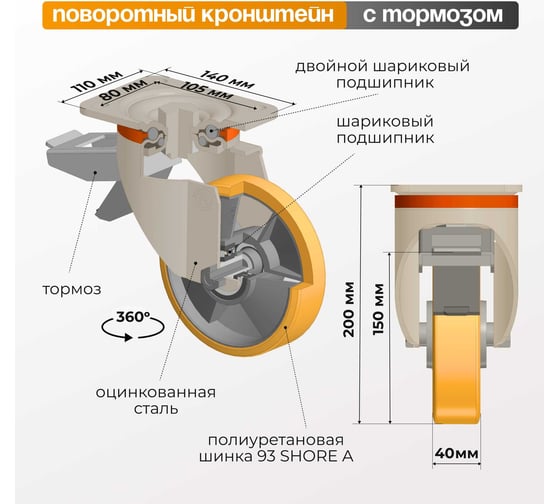 Колесо с вращающейся опорой, пластиной крепления и задним тормозом (150 мм; 600 кг) Tellure rota 656604