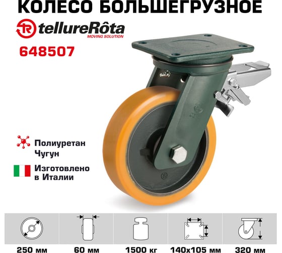 Колесо с вращающейся опорой, пластиной крепления и задним тормозом (250 мм; 1500 кг) Tellure rota 648507