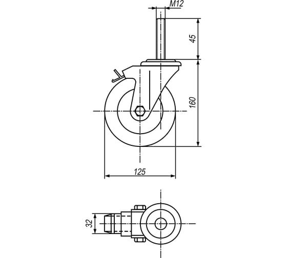 Колесо с кронштейном, тормозом, болтом и шайбой EMES EC04MBT125X32F12M12X45BOLTWASHER