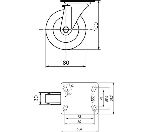 Колесо термостойкое с поворотной платформой 80 мм EMES EM01VKV80X30HEATRESISTANT