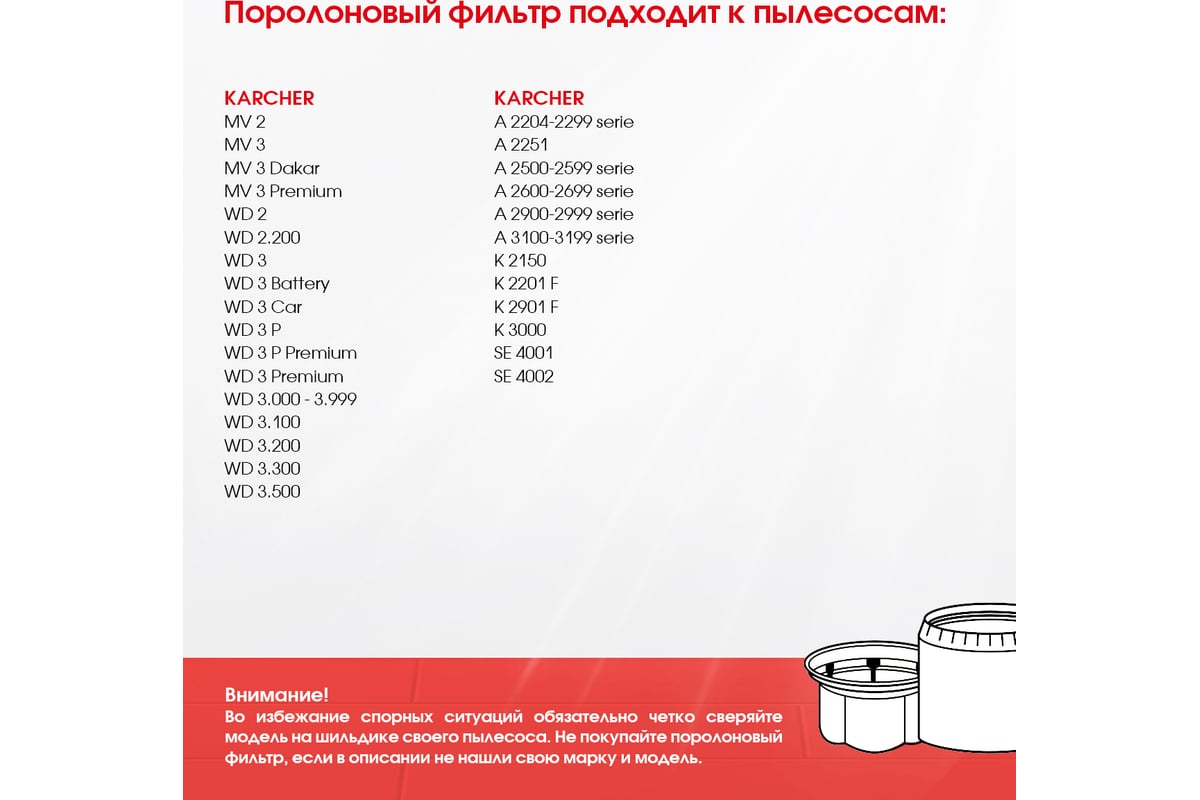 Фильтр поролоновый для пылесоса Karcher WD 3, WD 2, SE 4001, WD 3 P ...
