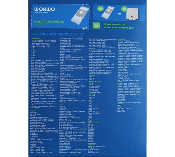 Мешки для пылесоса Electrolux, Philips WOR-BAG, синтетические, 4 шт.+1 фильтр, Worwo ELMB01K