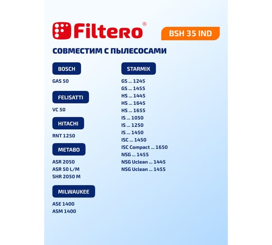 Мешки синтетические BSH 35 IND (4 шт; 50 л) для строительного пылесоса Bosch, Felisatti, Hitachi, Metabo, Milwaukee, Starmix, Интерскол FILTERO 05914