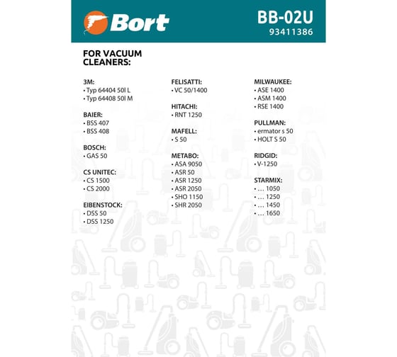 Комплект мешков пылесборных BB-02U 5 шт для пылесоса BORT 93411386