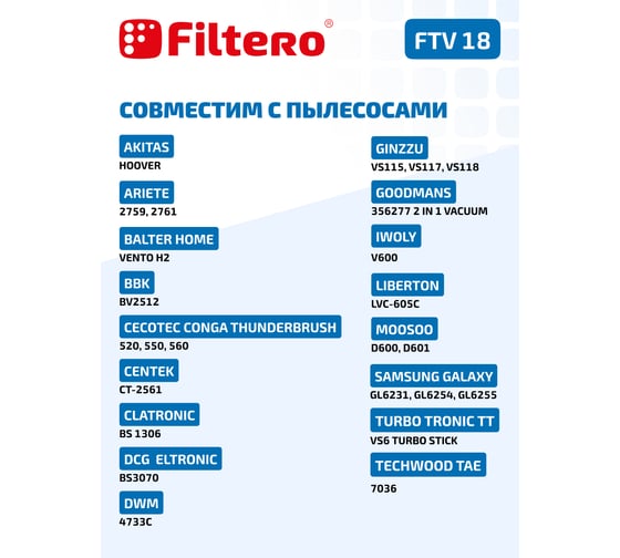 HEPA фильтр FILTERO FTV 18 для пылесосов Samsung Galaxy GL6231, GL6254, GL6255 02215