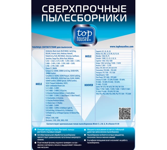 Пылесборники THN 309 M 4 шт сверхпрочные нетканые с антибактериальной обработкой TOP HOUSE 392456