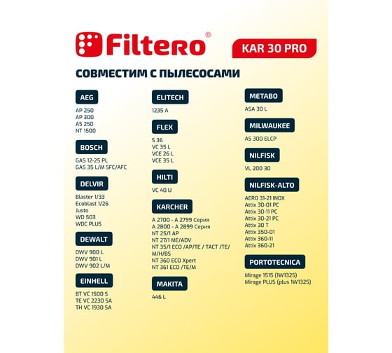 Мешки для пылесоса Karcher, Aeg, Dewalt, Flex, Hilti, Milwaukee, Nilfisk, Protool, Ryobi, Sparky, Stihl, Thomas, Tmb, Корвет трехслойные синтетические Filtero KAR 30 Pro 35л 2шт 05607