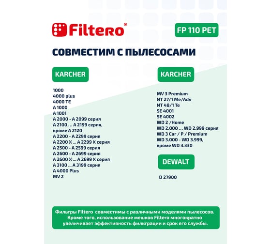 Фильтр складчатый FILTERO FP 110 PET Pro для пылесосов Karcher WD 2, WD 3 05778