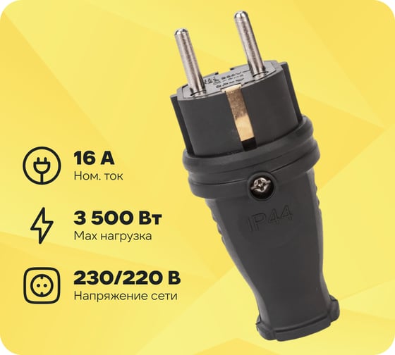 Прямая вилка с заземлением IN HOME каучук, 16А, IP44, черная, 9210 4690612010236
