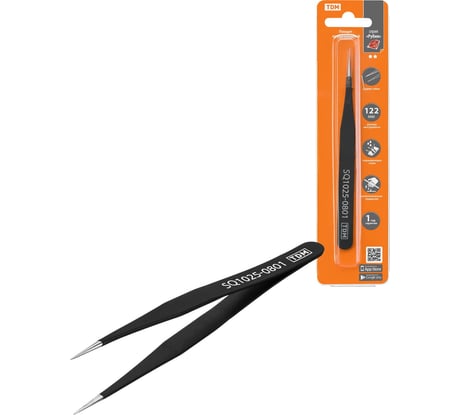 Пинцет TDM ELECTRIC прецизионный прямой 122 мм,  острое жало, блистер, серия "Рубин" SQ1025-0801