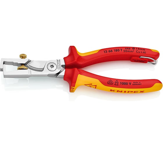 Клещи для удаления изоляции KNIPEX с функцией резания кабеля, со страховочным креплением, 180 mm KN-1366180T