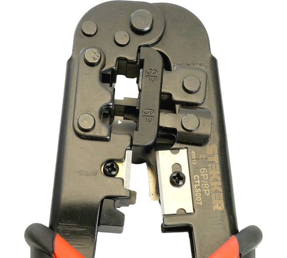 Кримпер STEKKER CTLS007 для обжима RJ разъемов RJ-45 (8P8C), RJ-12 (6P6C) и RJ-11 (6P4C и 6P2C), черный/красный, 49613