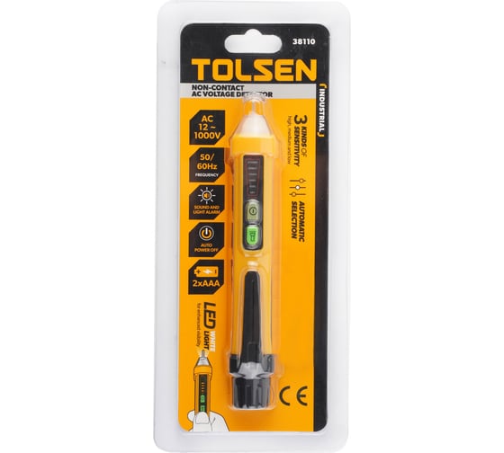 Тестер напряжения бесконтактный TOLSEN Industrial 12-1000 В, 50/60 Гц, 3 диапазона, 2x1.5 В AAA 38110