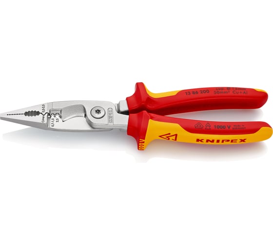 Электромонтажные клещи Knipex VDE, 6-в-1, 200 мм, диэлектрические, хром, 2К ручки, KN-1386200SB