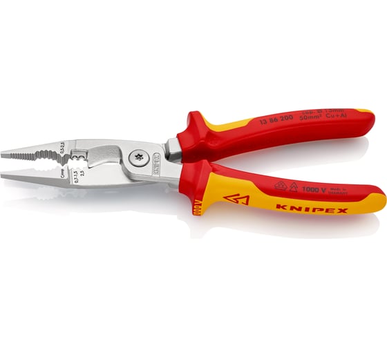 Электромонтажные клещи Knipex VDE, 6-в-1, 200 мм, диэлектрические, хром, 2К ручки, KN-1386200SB