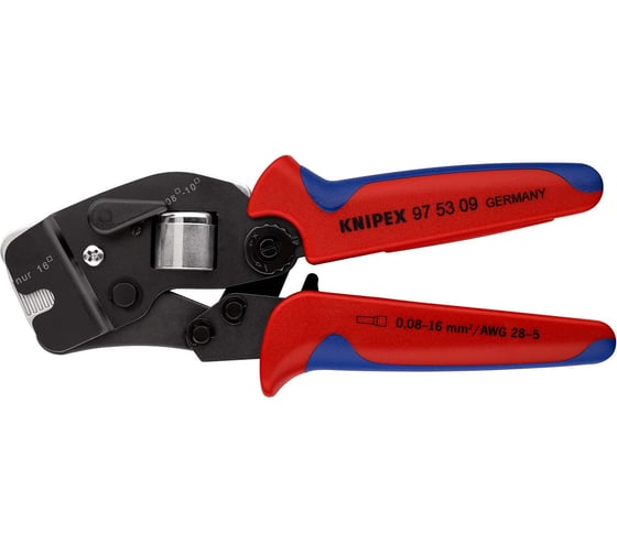 Пресс-клещи для контактных гильз Knipex DIN 46228 1+4, обжим: квадрат, торцевые, 1 гнездо, 0.08-10 + 16 мм², 2 х 6 мм², длина 190 мм, SB KN-975309SB