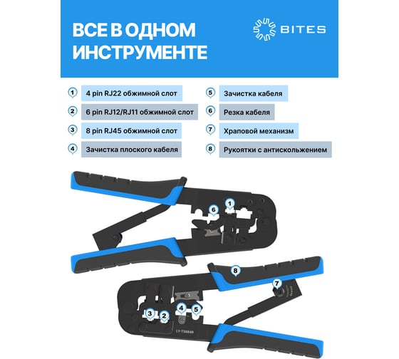Обжимные клещи для обжима коннекторов 5bites 8P, 6P, 4P фиксатор и зачистка LY-T5684R