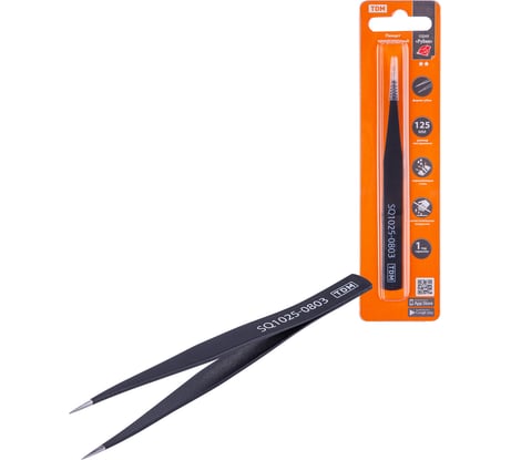 Пинцет TDM ELECTRIC прецизионный прямой 125 мм, острое жало, блистер, серия "Рубин" SQ1025-0803