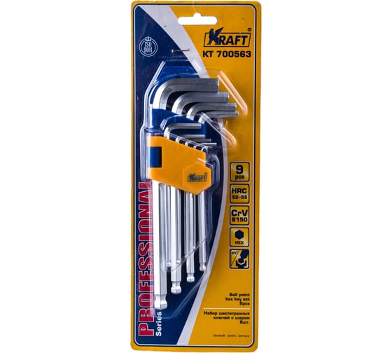 Набор торцевых шестигранных Г-образных ключей с шаром 9шт KRAFT KT 700563