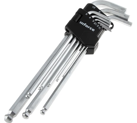 Набор шестигранных экстра-длинных ключей с шаром 9 штук Inforce, размеры 1,5-10мм, 06-05-95