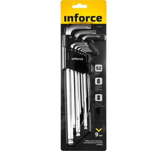 Набор шестигранных экстра-длинных ключей с шаром 9 штук Inforce, размеры 1,5-10мм, 06-05-95