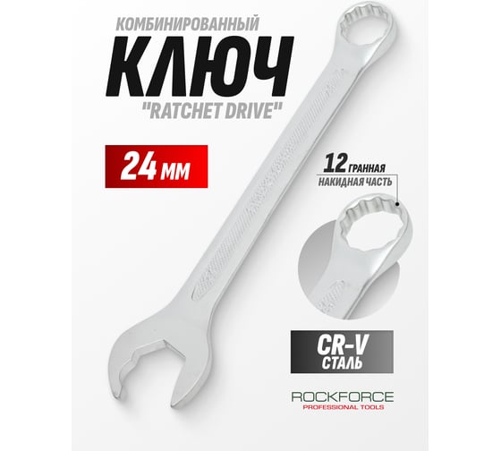 Комбинированный ключ Rockforce с профилем Ratchet drive 24мм, на пластиковом держателе RF-75524RD(28754)