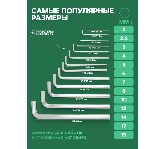 Набор ключей Rockforce Г-образных 6-гранных экстра длинных, 13 предметов RF-5137XL(27354)