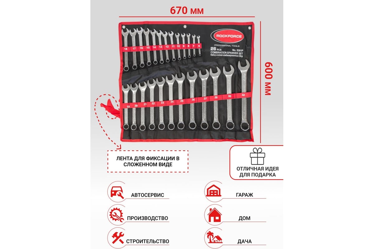 Набор комбинированных ключей Rockforce: 6-32мм, 25 предметов на полотне  RF-5261P(903)