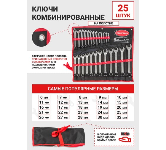 Набор комбинированных ключей Rockforce: 6-32мм, 25 предметов на полотне RF-5261P(903)