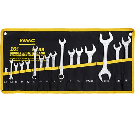 Набор комбинированных и рожковых ключей WMC TOOLS 16 предметов (6х7,8х9,10,11,12,13,14,15,16,17,18,19,22,24,27х30,32х36мм) WMC-5199(47228)