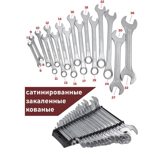 Набор комбинированных и рожковых ключей WMC TOOLS 16пр 6х7,8х9,10-19,22,24, 27х30, 32х36мм, в пластиковом держателе WMC-5199(47228)
