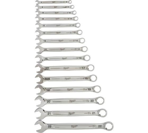 Набор метрических ключей Milwaukee 8, 9, 10, 11, 12, 13, 14, 15, 16, 17, 18, 19, 20, 21, 22 15 шт. 4932471342 1