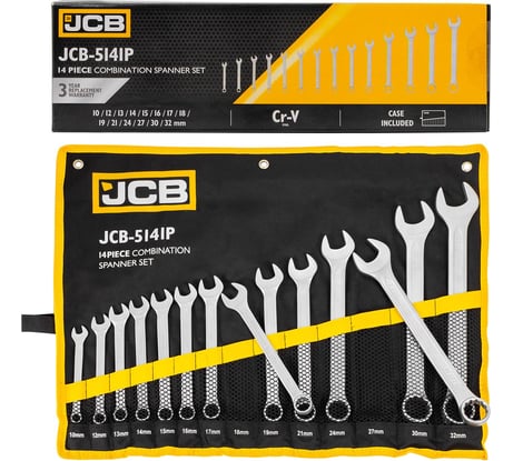 Комбинированные ключи JCB набор 14пр. (10, 12-19, 21, 24, 27, 30, 32мм) JCB-5141P(57160)