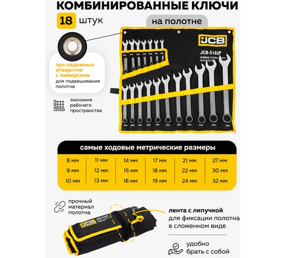 Комбинированные ключи JCB набор 18пр. (8-19, 21, 22, 24, 27, 30, 32мм) JCB-5181P(57164)