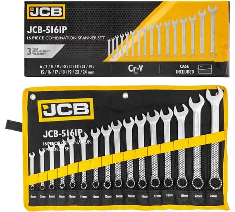 Комбинированные ключи JCB набор 16пр. (6-19, 22, 24мм) JCB-5161P(57162)