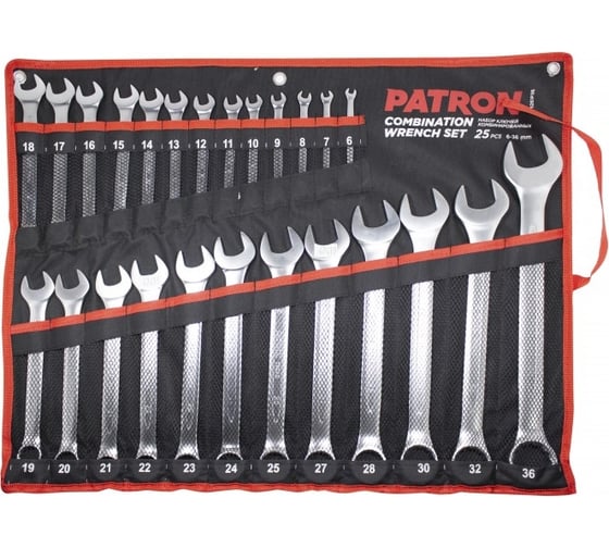 Набор комбинированных ключей PATRON 25 пр (6,7,8,9,10,11,12,13,14,15,16,17,18,19,20,21,22,23,24,25, 27, 28, 30, 32, 36мм), на полотне P-5261P36(47419)