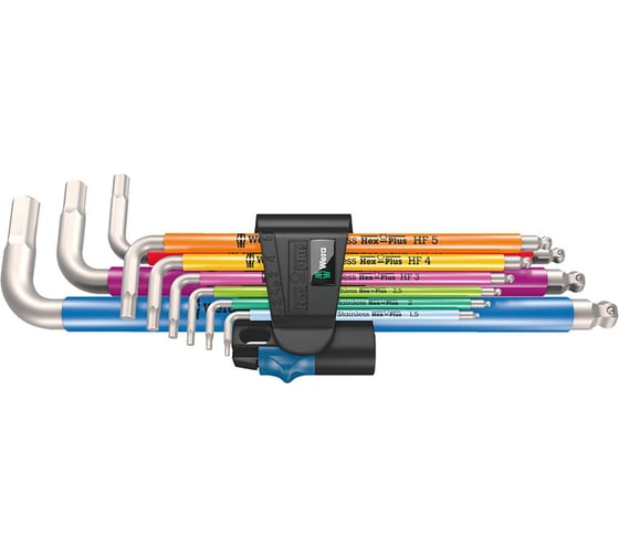 Набор Г-образных ключей WERA 3950/9 Hex-Plus Multicolour HF Stainless 1 нержавеющая сталь, с фиксирующей функцией, 9 предметов, 1.5, 2, 2.5, 3, 4, 5, 6, 8, 10 мм WE-022699