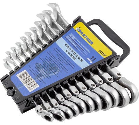 Набор комбинированных трещоточных ключей с шарниром Partner 8, 10-19 мм, набор 11 предметов PA-51112F(52410)