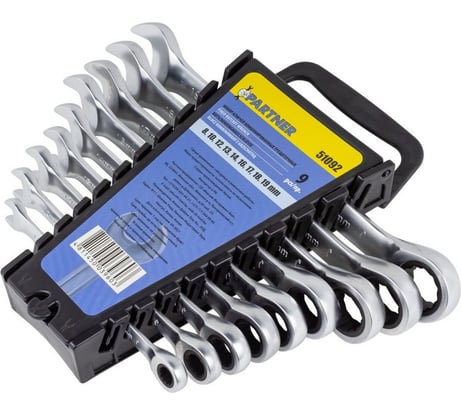 Набор комбинированных трещоточных ключей Partner 8, 10, 12, 13, 14, 16, 17, 18, 19 мм, в пластиковом держателе, 9 предметов PA-51092(51369)