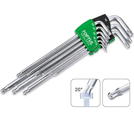 Набор длинных ключей Torx с отверстием и шариком TOPTUL T10-Т50, 9 шт. GAAL0928