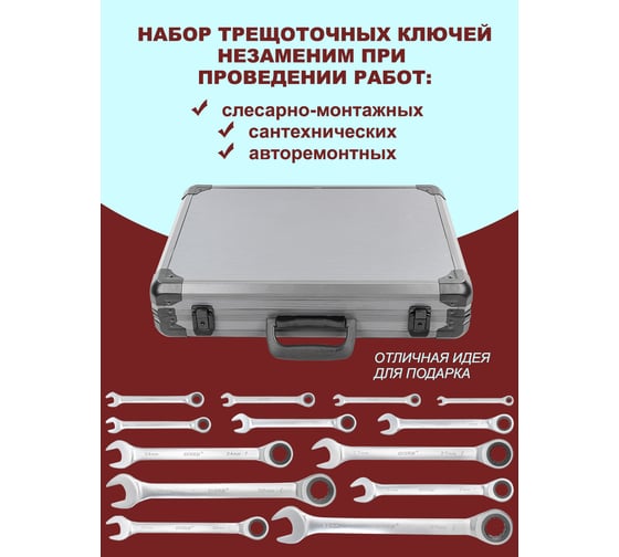 Набор комбинированных трещоточных ключей Disen Premium 8, 10, 12-14, 17, 19, 21, 22, 24, 27, 30, 32 мм, 13 предметов, в кейсе DSL1701(54035)