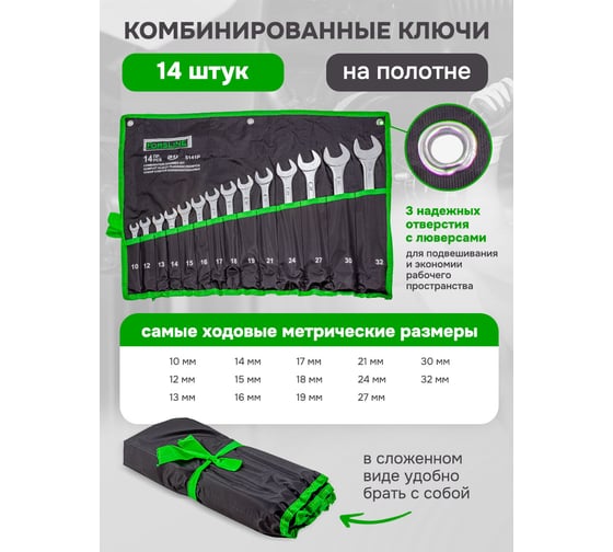 Набор комбинированных ключей ForsLine 10, 12-19, 21, 24, 27, 30, 32 мм, 14 предметов на полотне FL-5141P(54262)