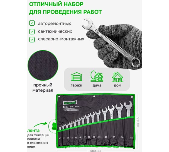 Набор комбинированных ключей ForsLine 10, 12-19, 21, 24, 27, 30, 32 мм, 14 предметов на полотне FL-5141P(54262)