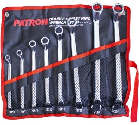 Набор накидных ключей PATRON отогнутых на 75 градусов, 8x10, 10x11, 12x13, 14x15, 16x17, 18x19, 21x23, 22x24 мм, 8 предметов на полотне P-5088P(47387)