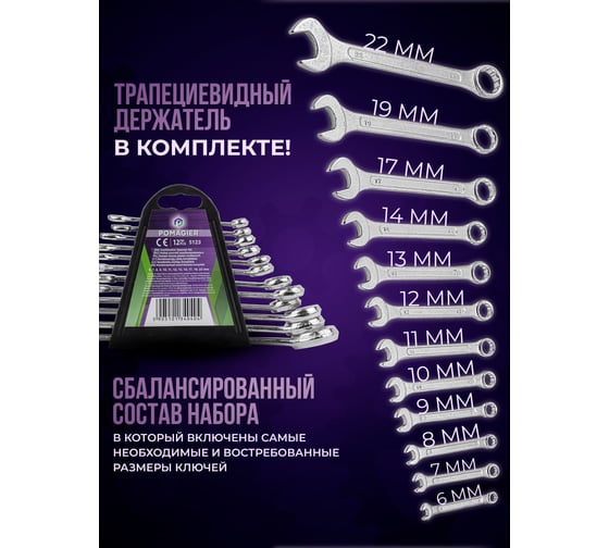 Набор комбинированных ключей POMAGIER 6-14, 17, 19, 22 мм, 12 предметов в пластиковом держателе POM-5123(57387)