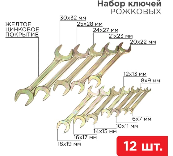 Набор рожковых ключей REXANT 6-32 мм, 12 шт желтый цинк 12-5845-2